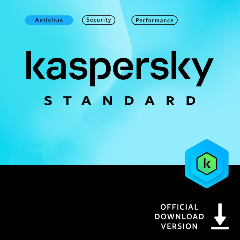 Kaspersky Standard Cover in Türkis mit „Official Download Version“ und Geräte-Icons