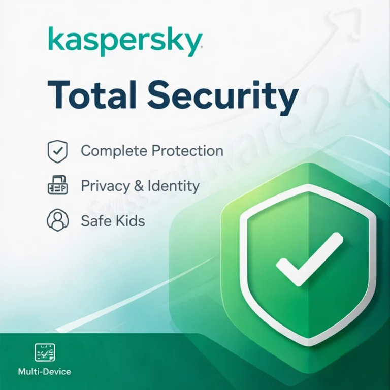 Kaspersky Total Security Cover mit grünem Schildsymbol und Hinweis auf Multi-Device-Schutz
