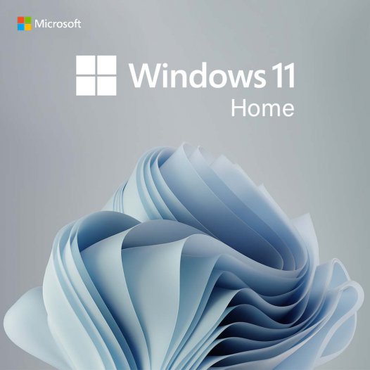 Windows 11 Home Cover mit Microsoft-Logo, Windows-Symbol und abstraktem blauem Wellenmotiv
