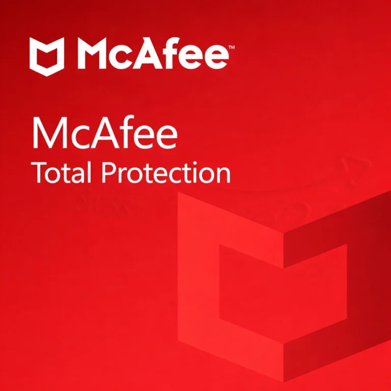 McAfee Total Protection Cover mit großem McAfee-Schildsymbol auf rotem Hintergrund