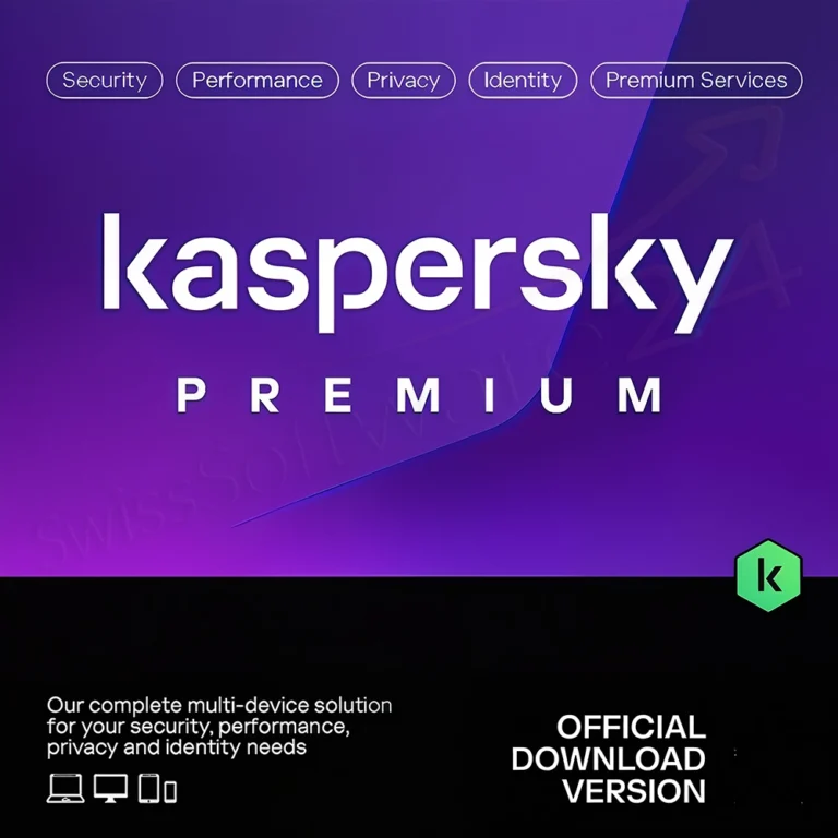 Kaspersky Premium Cover auf violettem Hintergrund mit „Official Download Version“ und Geräte-Icons