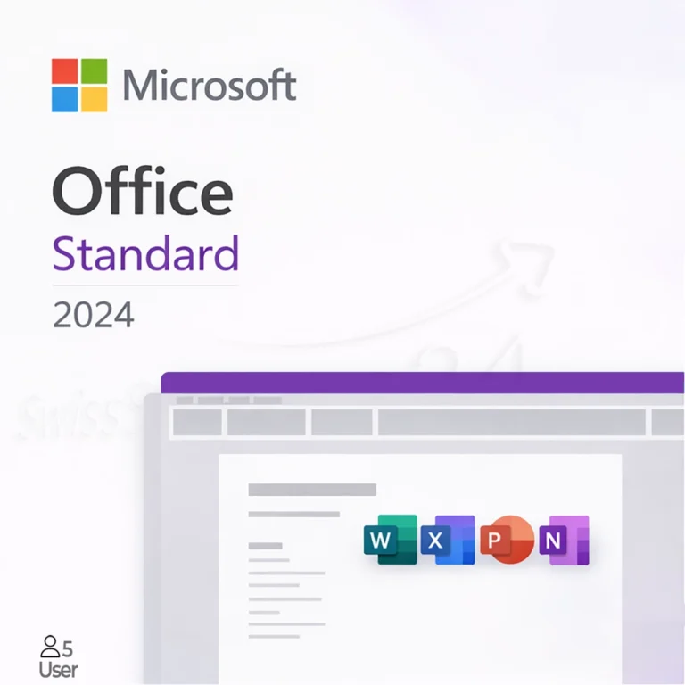 Office Standard 2024 Cover mit Logo, violettem Titel und Hinweis auf 5 Nutzer