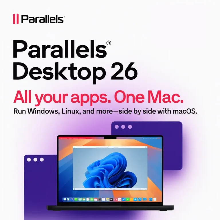 Parallels Desktop 26 Produktbild mit MacBook und Windows‑11‑Oberfläche, offizielles ESD‑Marketingmotiv.