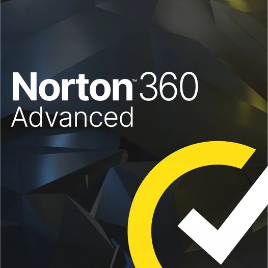 Norton 360 Advanced Cover mit großem gelbem Häkchen, dunklem Hintergrund und Produktname